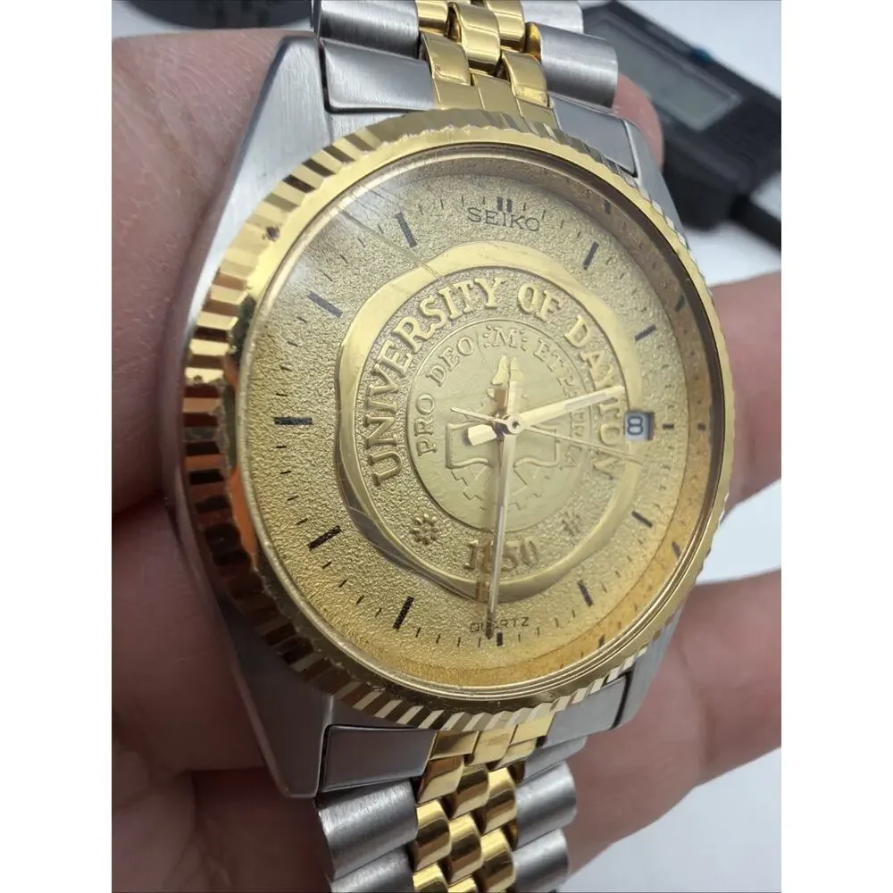 Seiko SQ President Watch Men 36mm Gold Dial Two Tone Date University Of Dayton